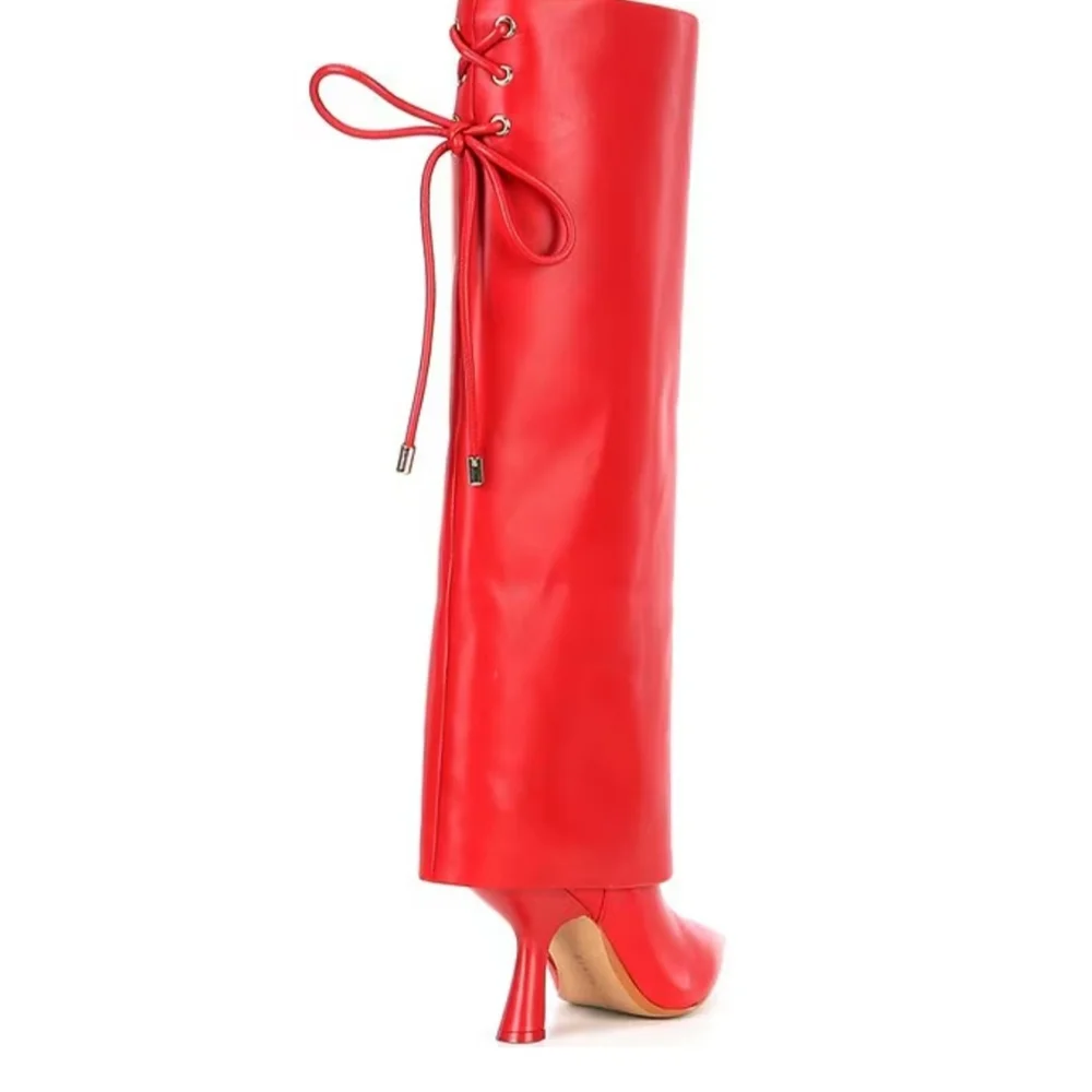 Gianni BINI Moe Red HOT Fold Over Knee High Heel Leather BOOTS New Womens 8 8.5 - Picture 2 of 4